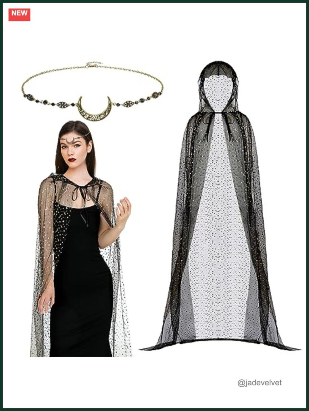 Witch Cape Costume Set Hooded Cloak Organza Moon Headpiece Cosplay